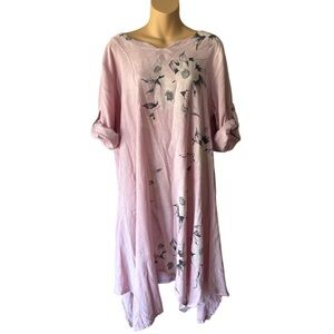 Lin Blanc Asymmetrical Pink Floral Tunic Linen Dress with Adjustable Sleeves